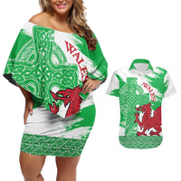 Grunge Green Wales Couples Matching Off Shoulder Short Dress and Hawaiian Shirt Celtic Cross Welsh Red Dragon - Wonder Print Shop