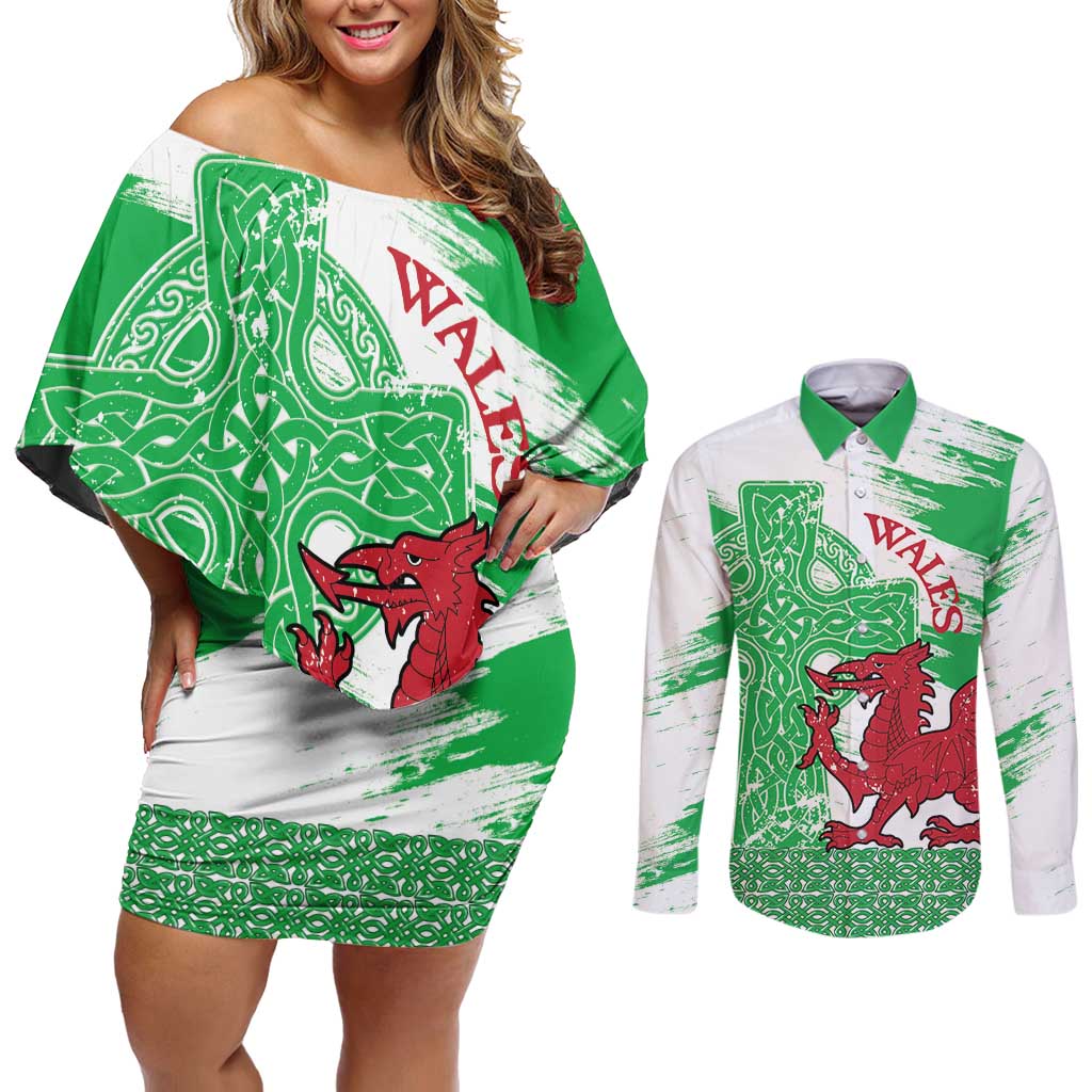 Grunge Green Wales Couples Matching Off Shoulder Short Dress and Long Sleeve Button Shirt Celtic Cross Welsh Red Dragon - Wonder Print Shop