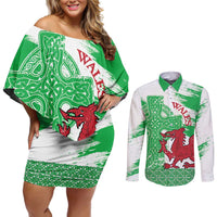 Grunge Green Wales Couples Matching Off Shoulder Short Dress and Long Sleeve Button Shirt Celtic Cross Welsh Red Dragon - Wonder Print Shop