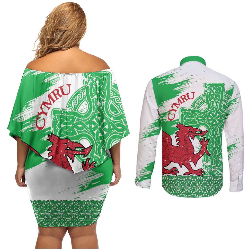 Grunge Green Wales Couples Matching Off Shoulder Short Dress and Long Sleeve Button Shirt Celtic Cross Welsh Red Dragon - Wonder Print Shop