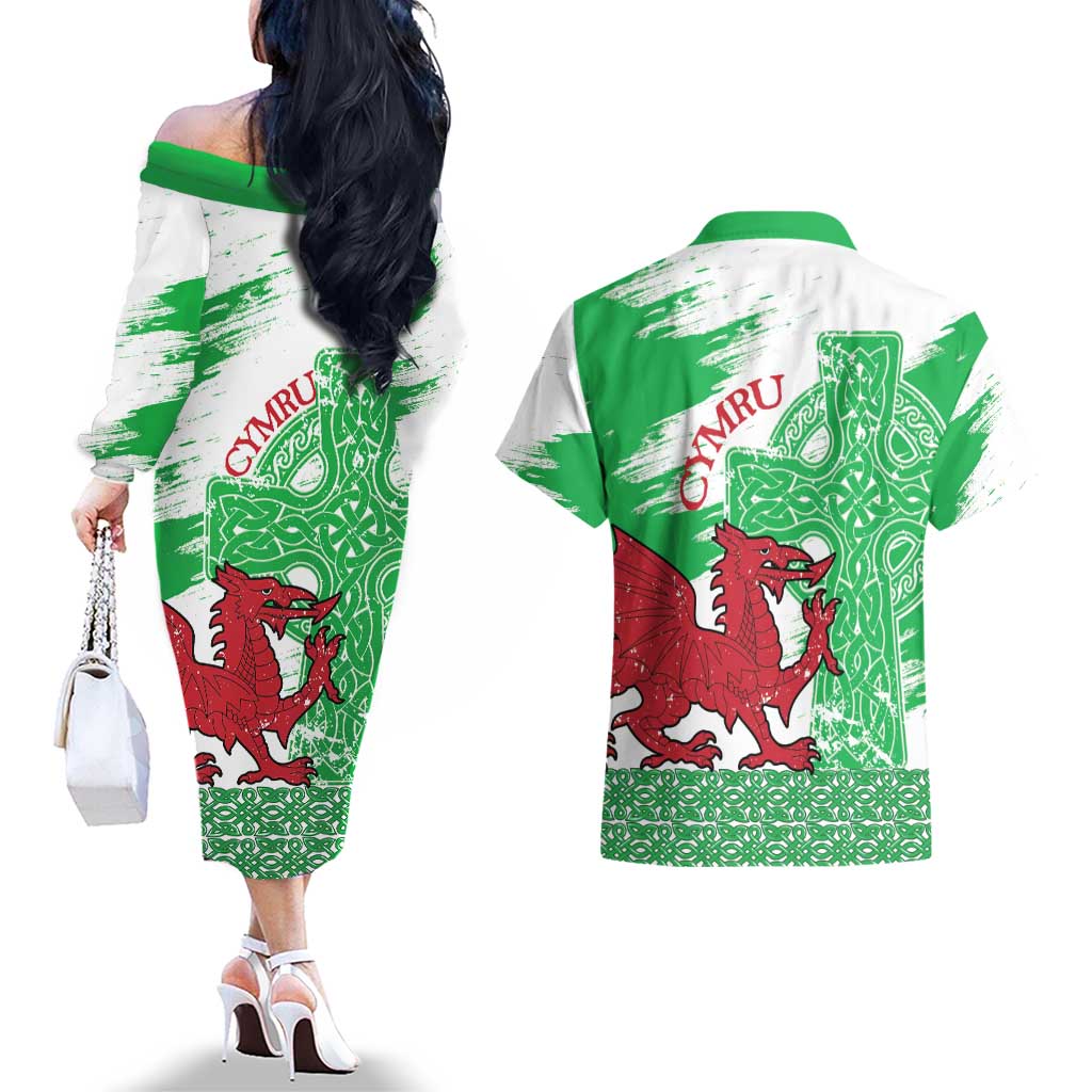 Grunge Green Wales Couples Matching Off The Shoulder Long Sleeve Dress and Hawaiian Shirt Celtic Cross Welsh Red Dragon - Wonder Print Shop