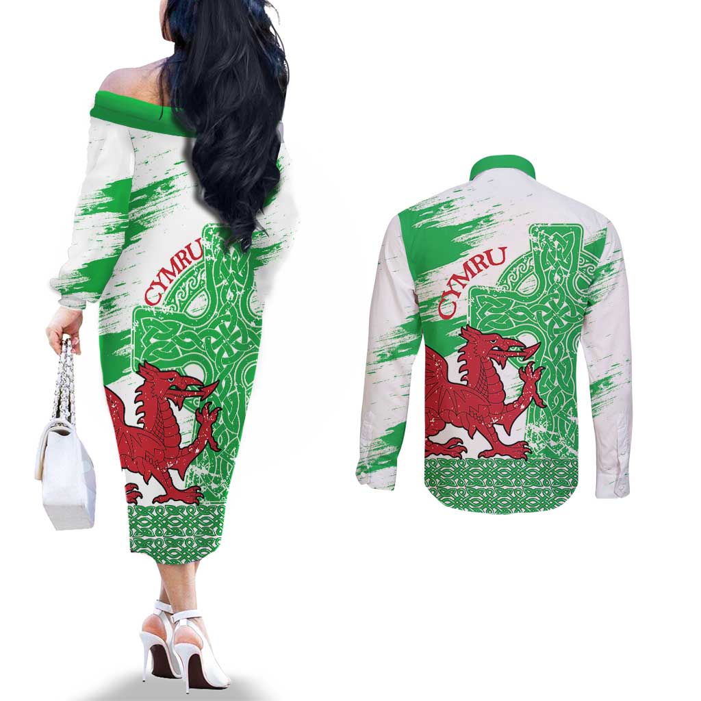 Grunge Green Wales Couples Matching Off The Shoulder Long Sleeve Dress and Long Sleeve Button Shirt Celtic Cross Welsh Red Dragon - Wonder Print Shop