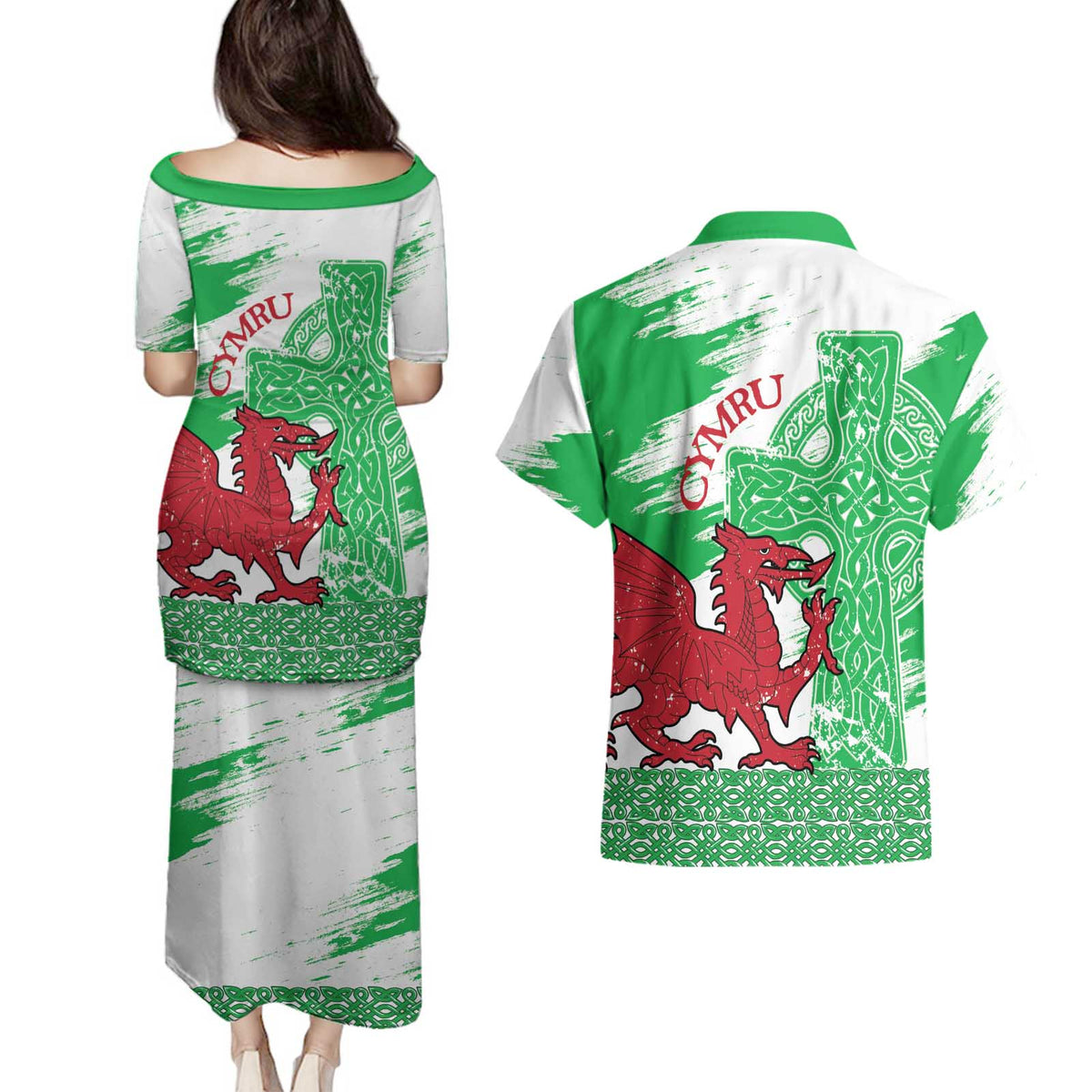 Grunge Green Wales Couples Matching Puletasi and Hawaiian Shirt Celtic Cross Welsh Red Dragon - Wonder Print Shop