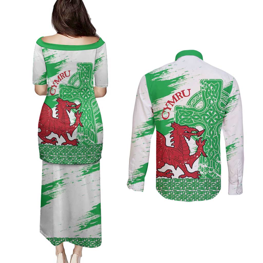 Grunge Green Wales Couples Matching Puletasi and Long Sleeve Button Shirt Celtic Cross Welsh Red Dragon - Wonder Print Shop