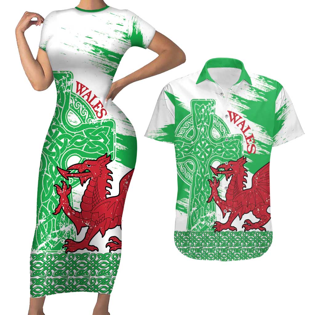 Grunge Green Wales Couples Matching Short Sleeve Bodycon Dress and Hawaiian Shirt Celtic Cross Welsh Red Dragon - Wonder Print Shop