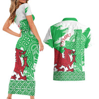 Grunge Green Wales Couples Matching Short Sleeve Bodycon Dress and Hawaiian Shirt Celtic Cross Welsh Red Dragon - Wonder Print Shop