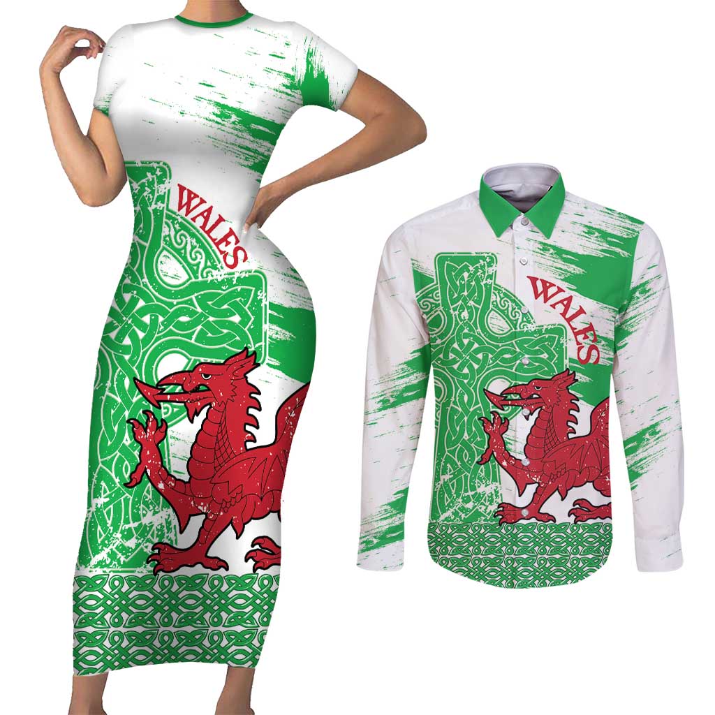 Grunge Green Wales Couples Matching Short Sleeve Bodycon Dress and Long Sleeve Button Shirt Celtic Cross Welsh Red Dragon - Wonder Print Shop