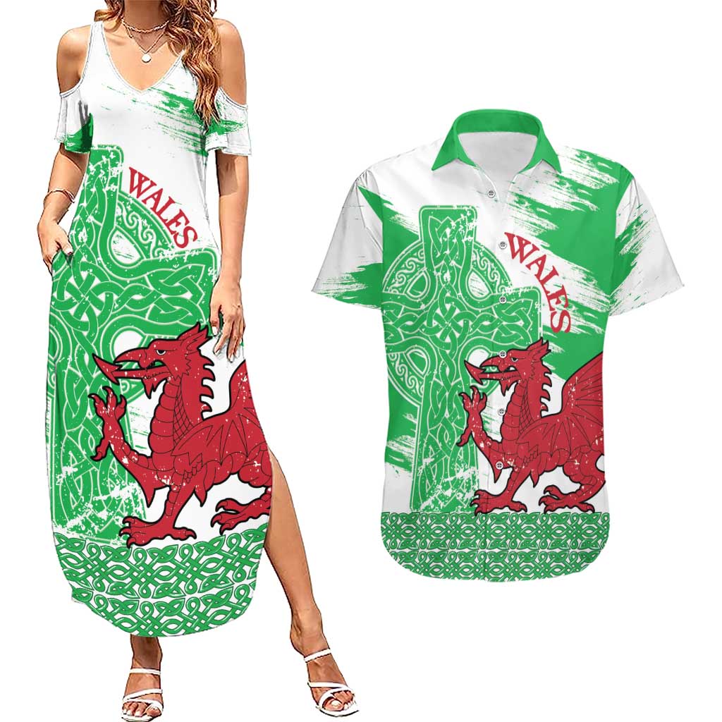 Grunge Green Wales Couples Matching Summer Maxi Dress and Hawaiian Shirt Celtic Cross Welsh Red Dragon - Wonder Print Shop