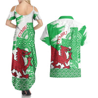 Grunge Green Wales Couples Matching Summer Maxi Dress and Hawaiian Shirt Celtic Cross Welsh Red Dragon - Wonder Print Shop