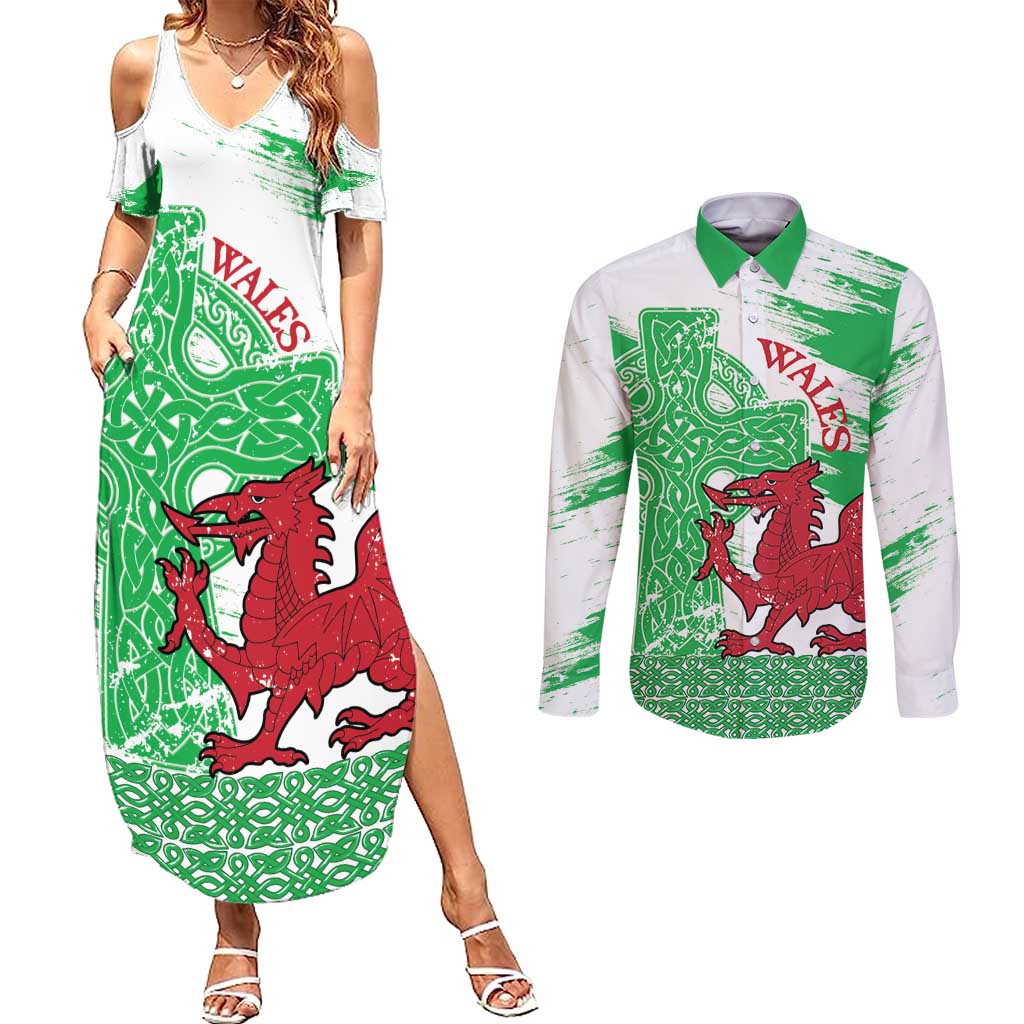 Grunge Green Wales Couples Matching Summer Maxi Dress and Long Sleeve Button Shirt Celtic Cross Welsh Red Dragon - Wonder Print Shop