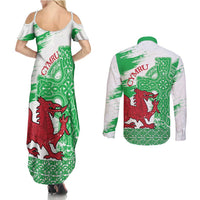 Grunge Green Wales Couples Matching Summer Maxi Dress and Long Sleeve Button Shirt Celtic Cross Welsh Red Dragon - Wonder Print Shop