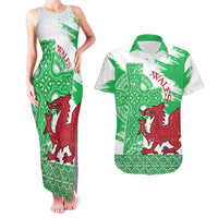 Grunge Green Wales Couples Matching Tank Maxi Dress and Hawaiian Shirt Celtic Cross Welsh Red Dragon - Wonder Print Shop