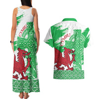 Grunge Green Wales Couples Matching Tank Maxi Dress and Hawaiian Shirt Celtic Cross Welsh Red Dragon - Wonder Print Shop