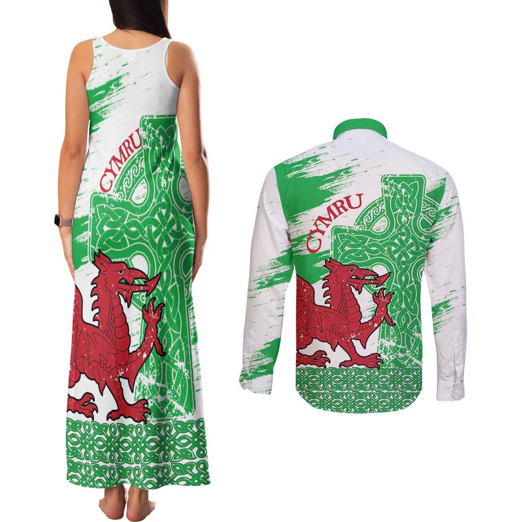 Grunge Green Wales Couples Matching Tank Maxi Dress and Long Sleeve Button Shirt Celtic Cross Welsh Red Dragon - Wonder Print Shop