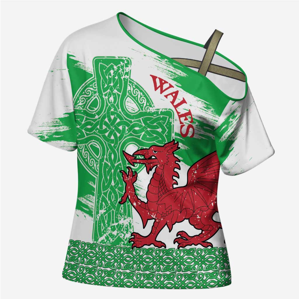 Grunge Green Wales Cross Shoulder Shirt Celtic Cross Welsh Red Dragon - Wonder Print Shop
