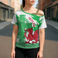 Grunge Green Wales Cross Shoulder Shirt Celtic Cross Welsh Red Dragon - Wonder Print Shop