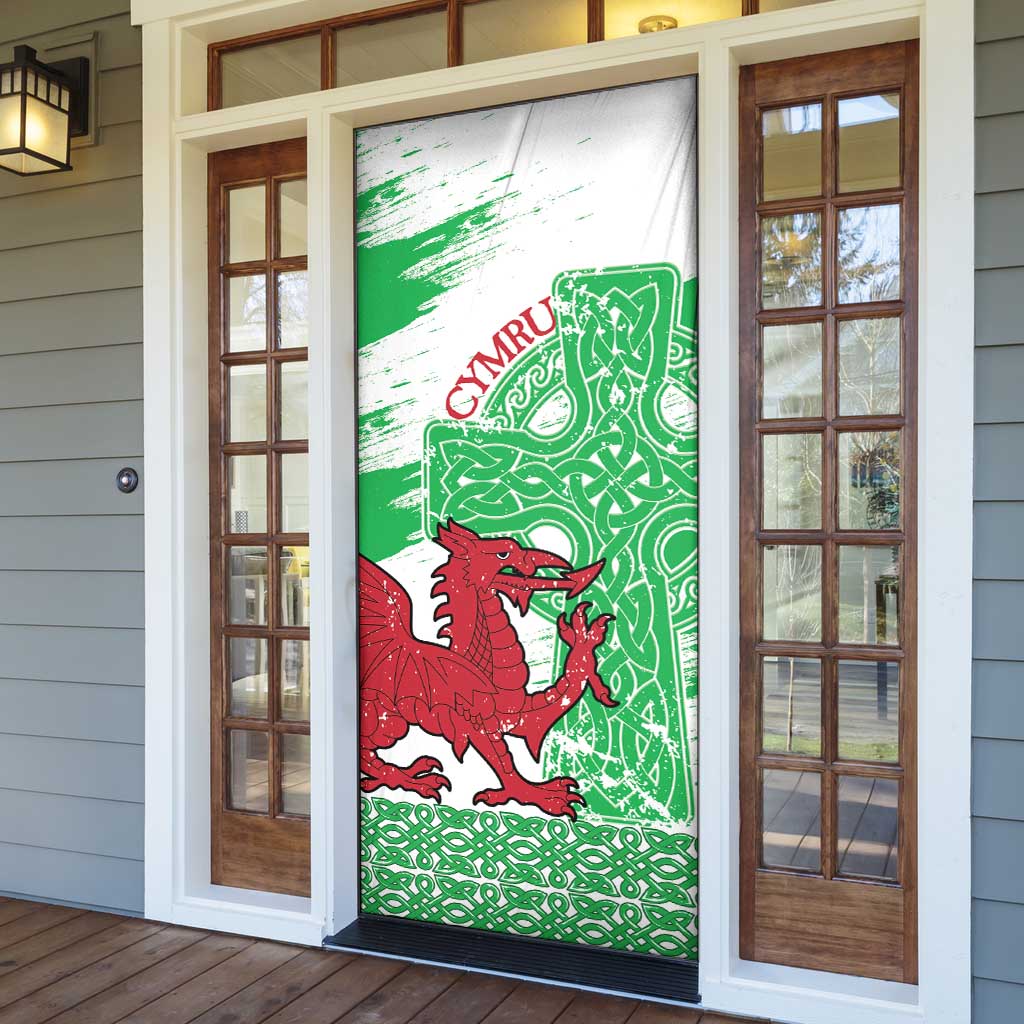 Grunge Green Wales Door Cover Celtic Cross Welsh Red Dragon - Wonder Print Shop