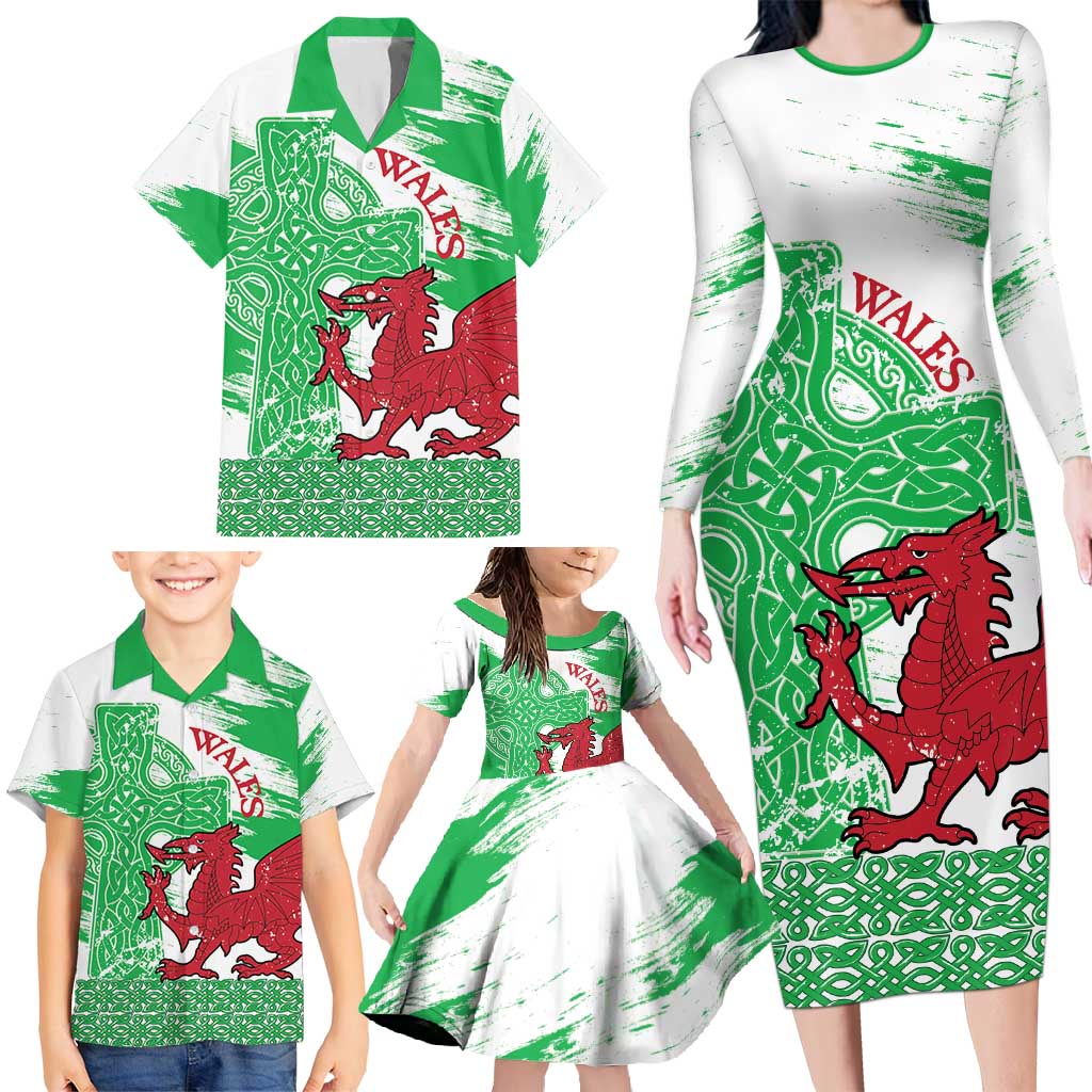 Grunge Green Wales Family Matching Long Sleeve Bodycon Dress and Hawaiian Shirt Celtic Cross Welsh Red Dragon - Wonder Print Shop