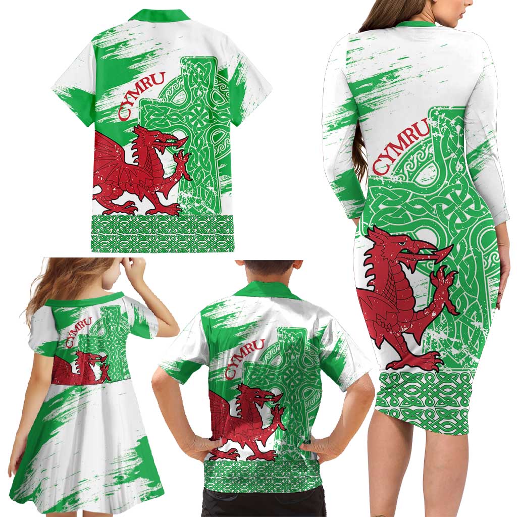 Grunge Green Wales Family Matching Long Sleeve Bodycon Dress and Hawaiian Shirt Celtic Cross Welsh Red Dragon - Wonder Print Shop