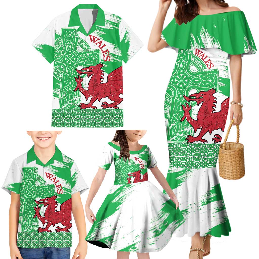 Grunge Green Wales Family Matching Mermaid Dress and Hawaiian Shirt Celtic Cross Welsh Red Dragon - Wonder Print Shop