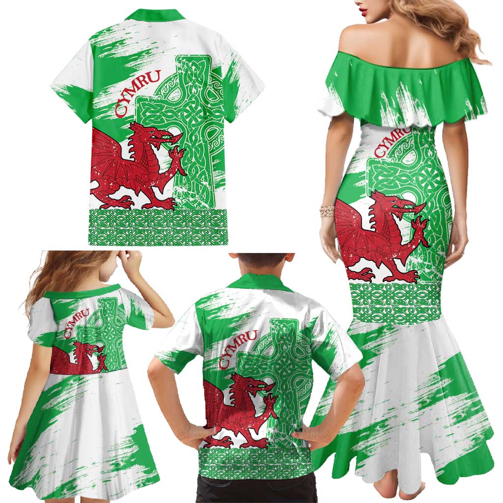 Grunge Green Wales Family Matching Mermaid Dress and Hawaiian Shirt Celtic Cross Welsh Red Dragon - Wonder Print Shop