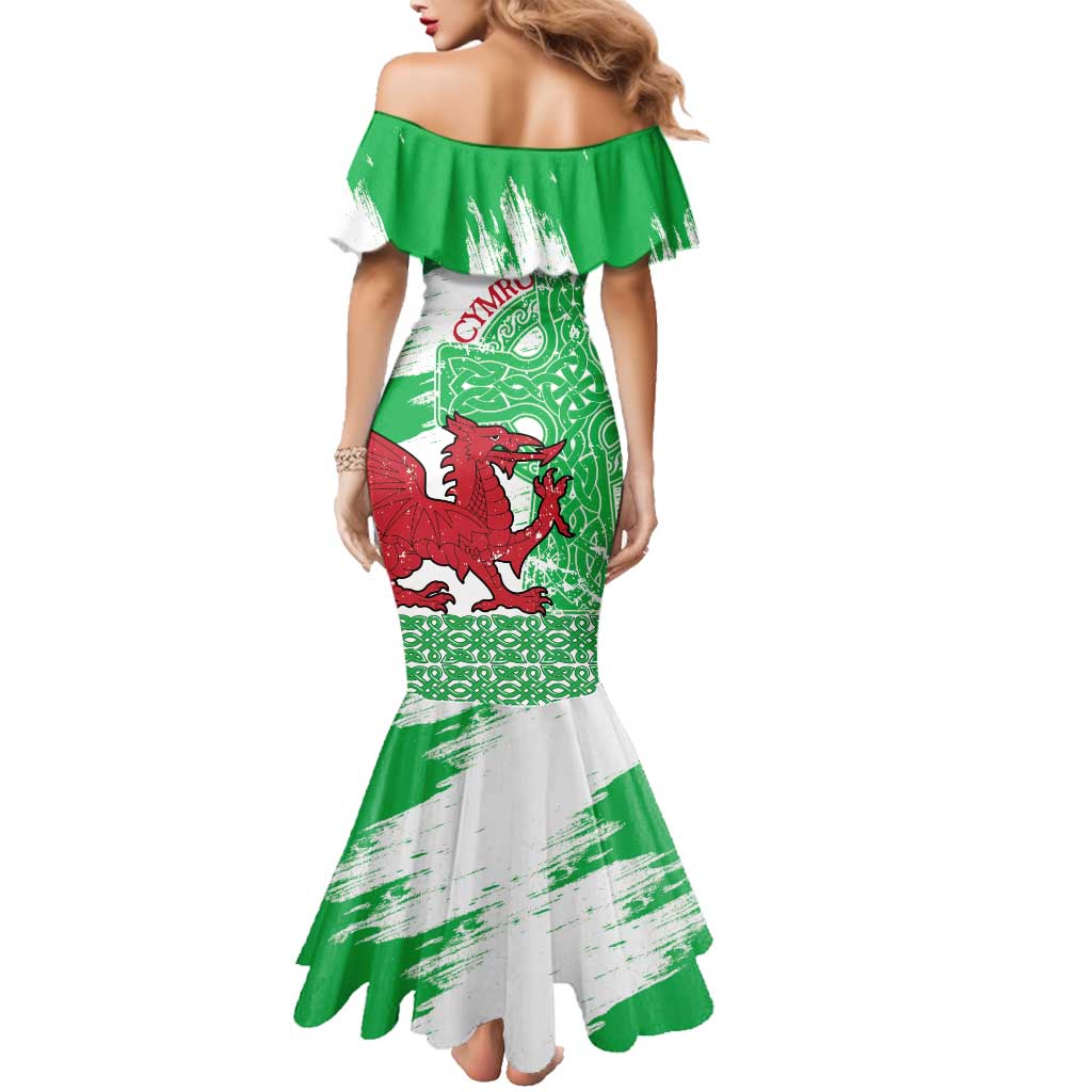 Grunge Green Wales Family Matching Mermaid Dress and Hawaiian Shirt Celtic Cross Welsh Red Dragon - Wonder Print Shop