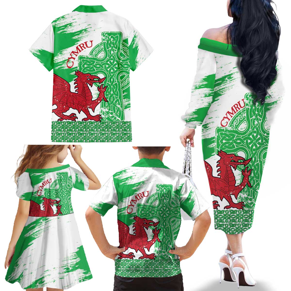 Grunge Green Wales Family Matching Off The Shoulder Long Sleeve Dress and Hawaiian Shirt Celtic Cross Welsh Red Dragon - Wonder Print Shop