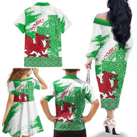 Grunge Green Wales Family Matching Off The Shoulder Long Sleeve Dress and Hawaiian Shirt Celtic Cross Welsh Red Dragon - Wonder Print Shop