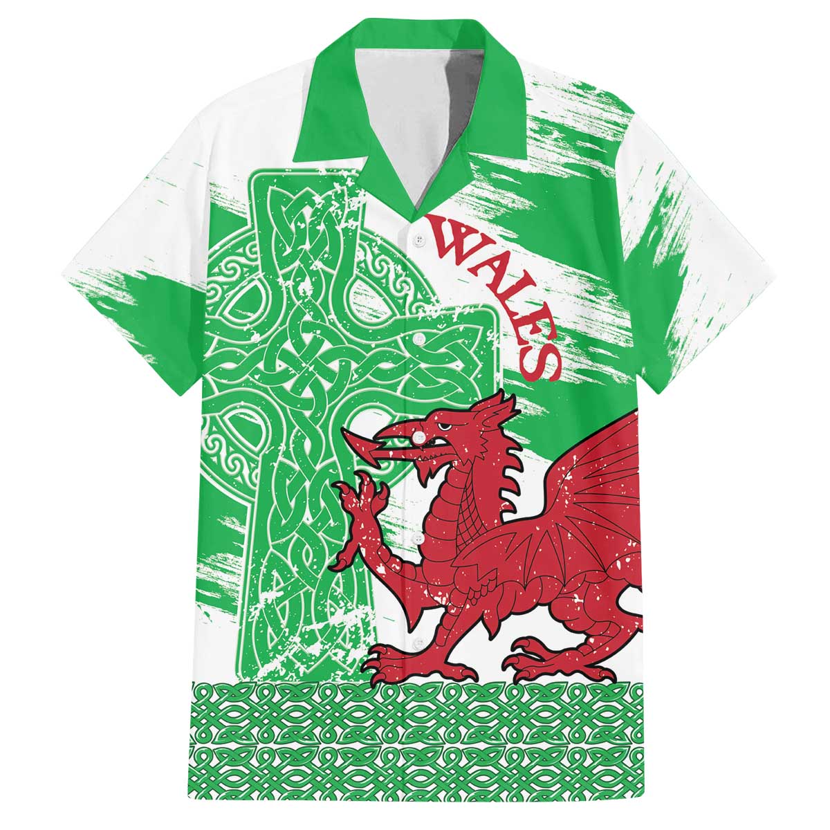 Grunge Green Wales Family Matching Off The Shoulder Long Sleeve Dress and Hawaiian Shirt Celtic Cross Welsh Red Dragon - Wonder Print Shop