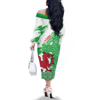 Grunge Green Wales Family Matching Off The Shoulder Long Sleeve Dress and Hawaiian Shirt Celtic Cross Welsh Red Dragon - Wonder Print Shop
