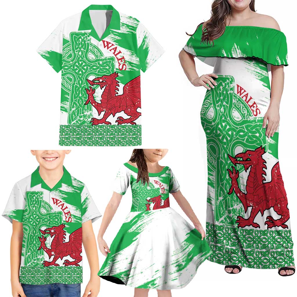 Grunge Green Wales Family Matching Off Shoulder Maxi Dress and Hawaiian Shirt Celtic Cross Welsh Red Dragon - Wonder Print Shop
