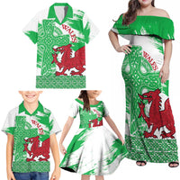 Grunge Green Wales Family Matching Off Shoulder Maxi Dress and Hawaiian Shirt Celtic Cross Welsh Red Dragon - Wonder Print Shop