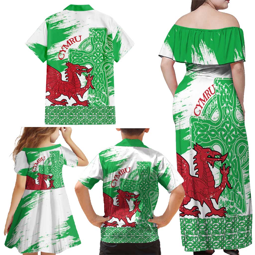 Grunge Green Wales Family Matching Off Shoulder Maxi Dress and Hawaiian Shirt Celtic Cross Welsh Red Dragon - Wonder Print Shop