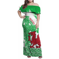 Grunge Green Wales Family Matching Off Shoulder Maxi Dress and Hawaiian Shirt Celtic Cross Welsh Red Dragon - Wonder Print Shop