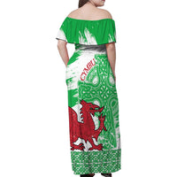 Grunge Green Wales Family Matching Off Shoulder Maxi Dress and Hawaiian Shirt Celtic Cross Welsh Red Dragon - Wonder Print Shop