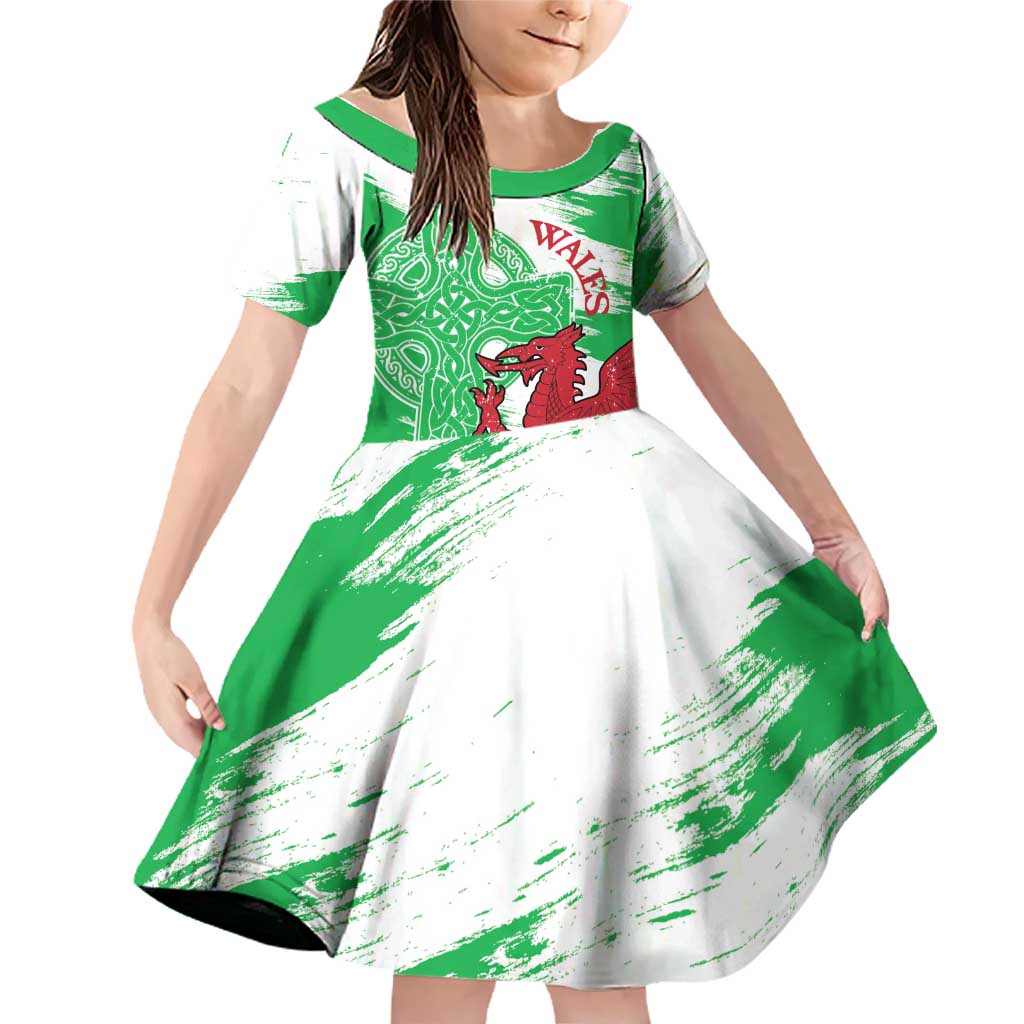 Grunge Green Wales Family Matching Off Shoulder Short Dress and Hawaiian Shirt Celtic Cross Welsh Red Dragon - Wonder Print Shop