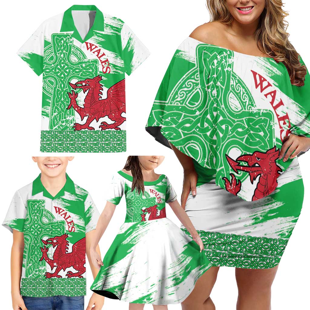 Grunge Green Wales Family Matching Off Shoulder Short Dress and Hawaiian Shirt Celtic Cross Welsh Red Dragon - Wonder Print Shop