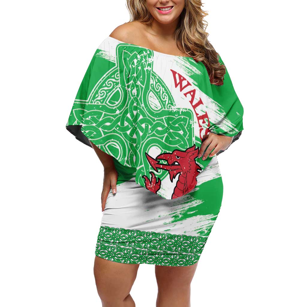 Grunge Green Wales Family Matching Off Shoulder Short Dress and Hawaiian Shirt Celtic Cross Welsh Red Dragon - Wonder Print Shop