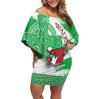 Grunge Green Wales Family Matching Off Shoulder Short Dress and Hawaiian Shirt Celtic Cross Welsh Red Dragon - Wonder Print Shop