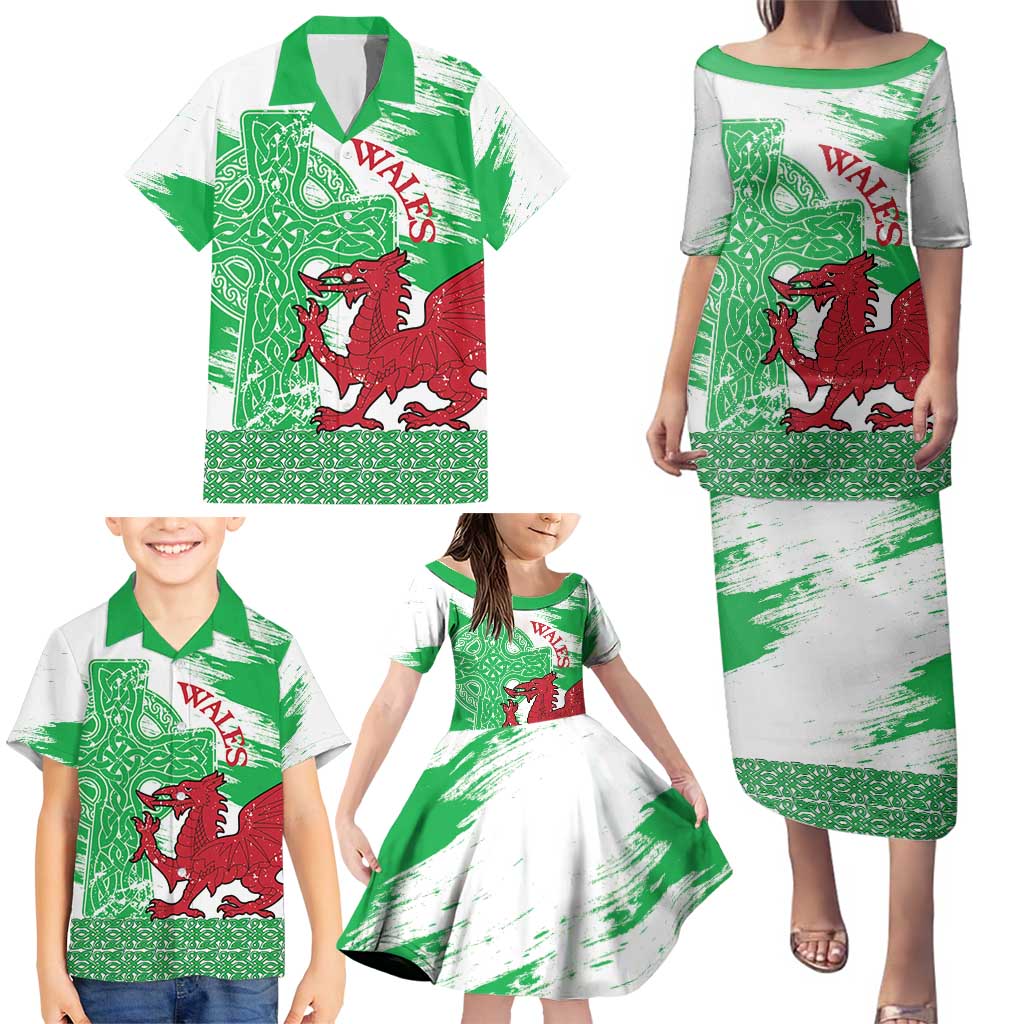 Grunge Green Wales Family Matching Puletasi and Hawaiian Shirt Celtic Cross Welsh Red Dragon - Wonder Print Shop