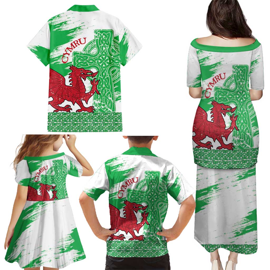 Grunge Green Wales Family Matching Puletasi and Hawaiian Shirt Celtic Cross Welsh Red Dragon - Wonder Print Shop