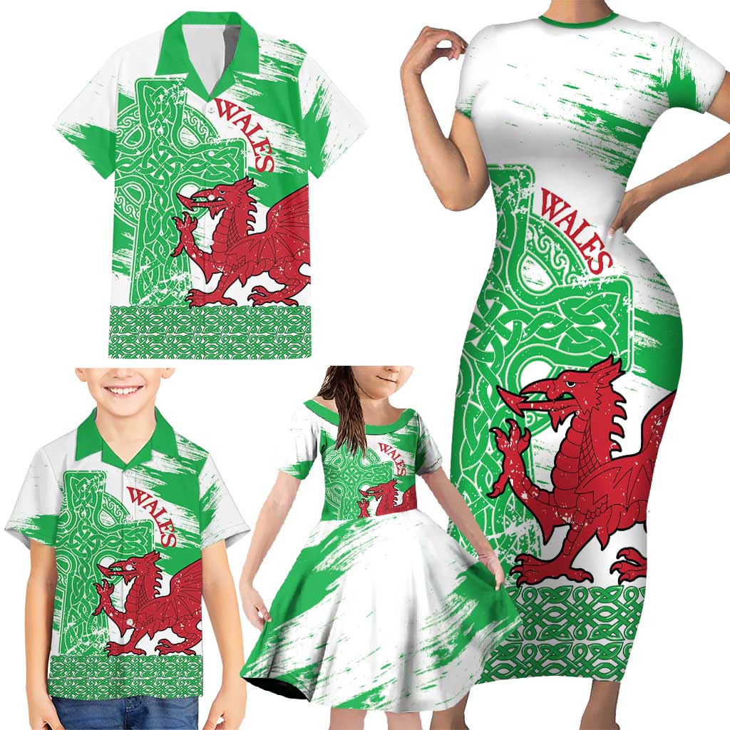 Grunge Green Wales Family Matching Short Sleeve Bodycon Dress and Hawaiian Shirt Celtic Cross Welsh Red Dragon - Wonder Print Shop