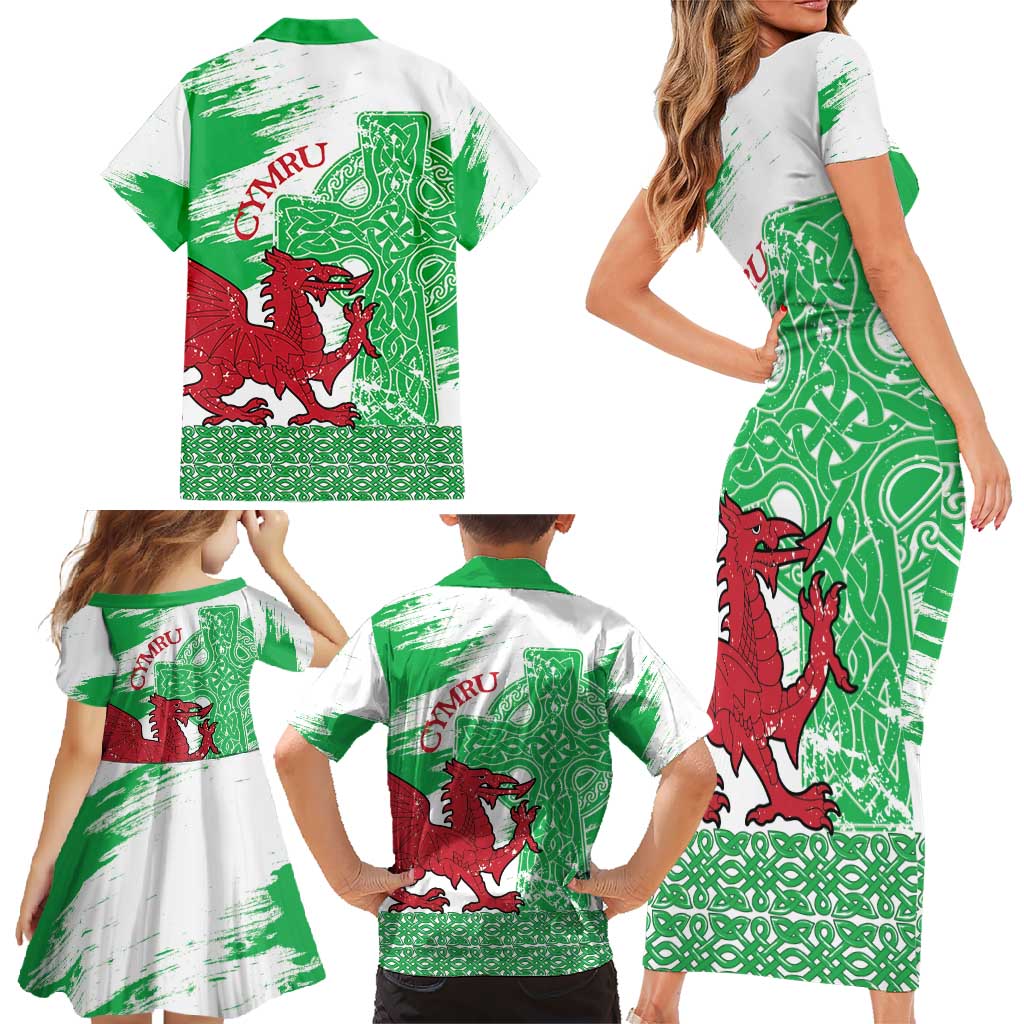 Grunge Green Wales Family Matching Short Sleeve Bodycon Dress and Hawaiian Shirt Celtic Cross Welsh Red Dragon - Wonder Print Shop
