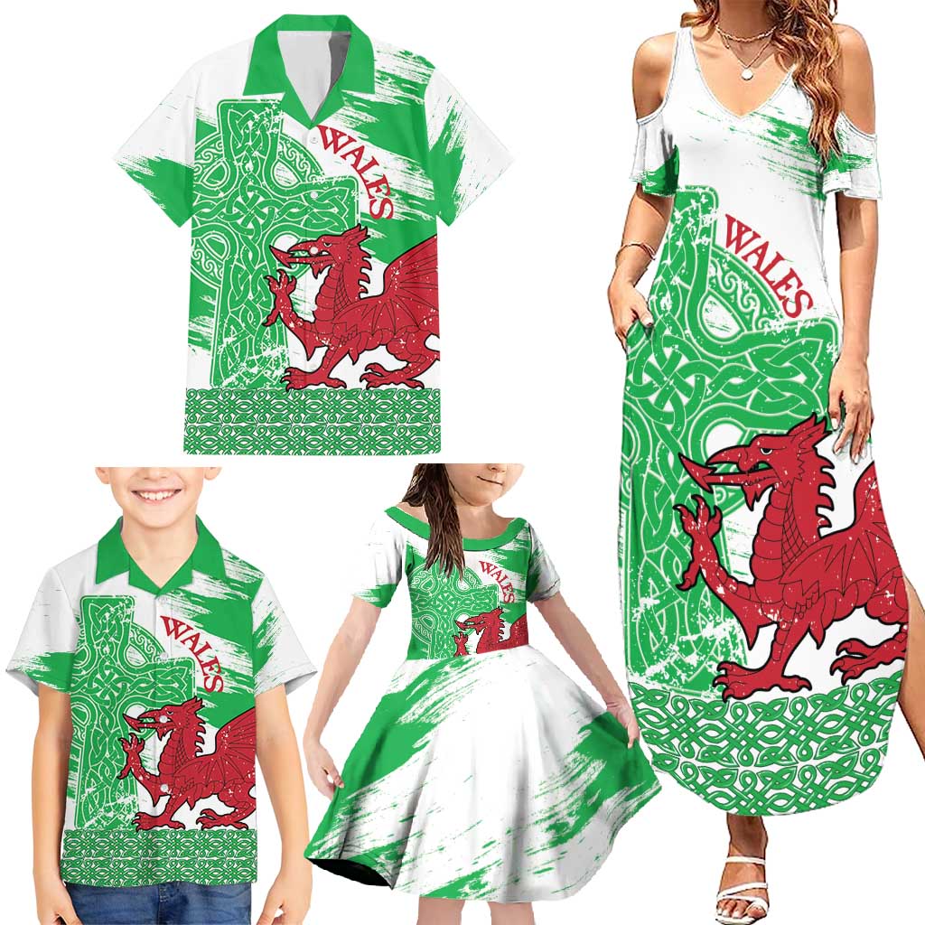 Grunge Green Wales Family Matching Summer Maxi Dress and Hawaiian Shirt Celtic Cross Welsh Red Dragon - Wonder Print Shop