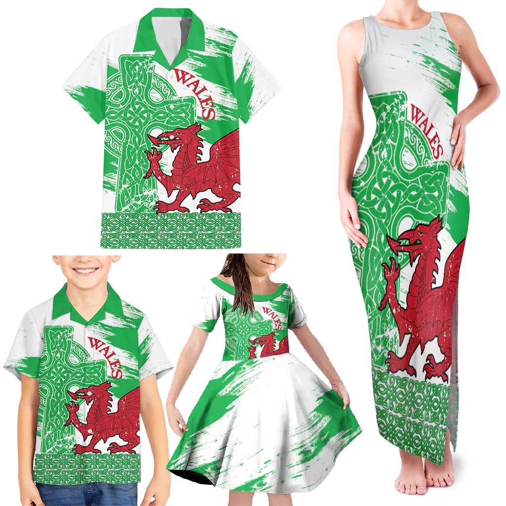 Grunge Green Wales Family Matching Tank Maxi Dress and Hawaiian Shirt Celtic Cross Welsh Red Dragon - Wonder Print Shop
