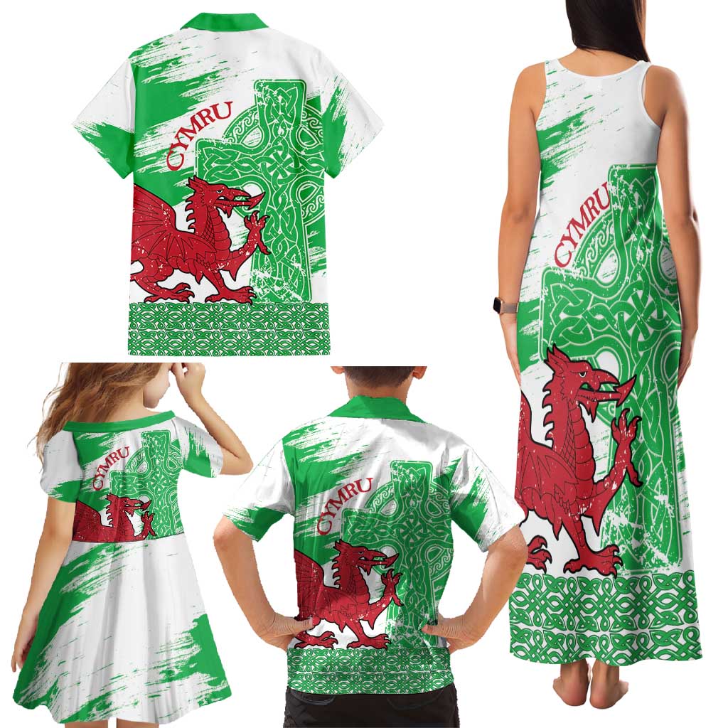 Grunge Green Wales Family Matching Tank Maxi Dress and Hawaiian Shirt Celtic Cross Welsh Red Dragon - Wonder Print Shop