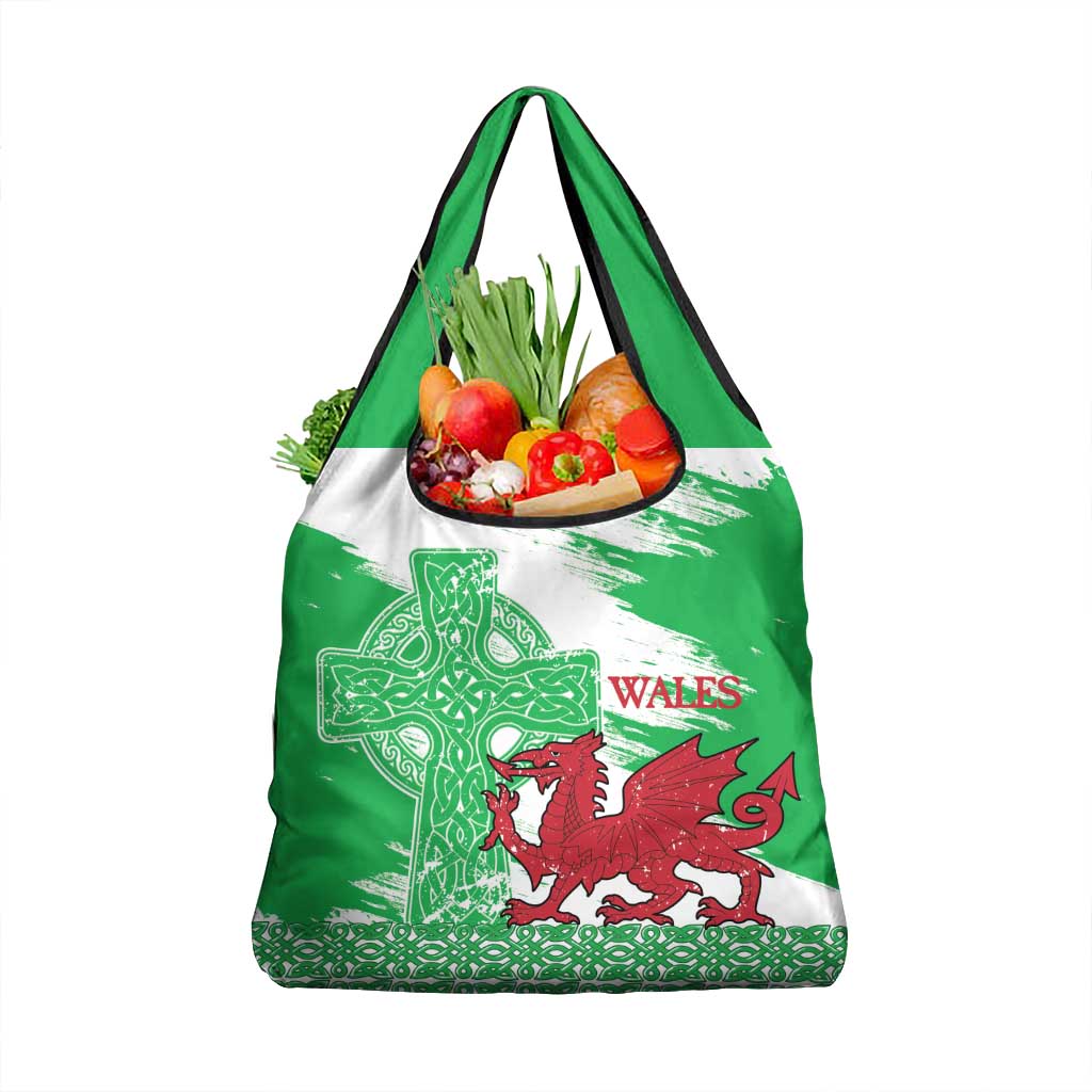 Grunge Green Wales Grocery Bag Celtic Cross Welsh Red Dragon - Wonder Print Shop