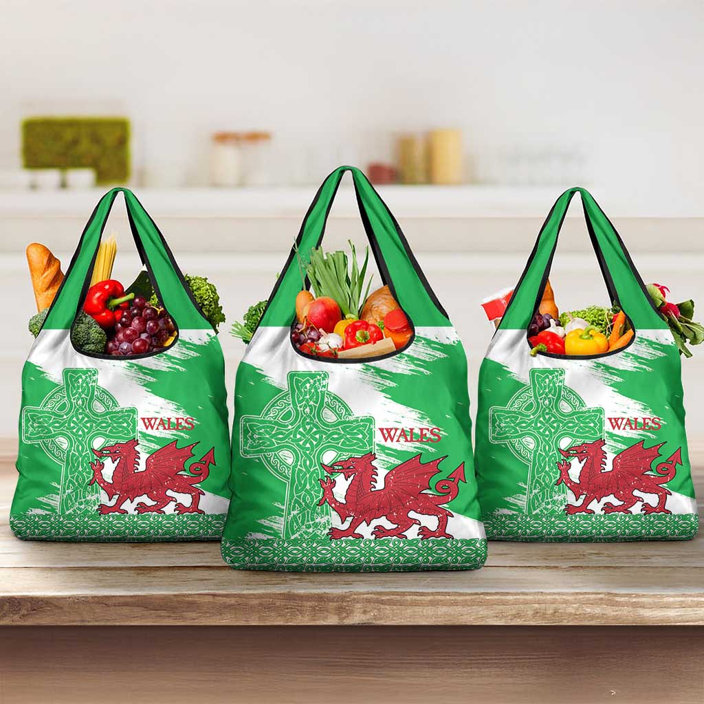 Grunge Green Wales Grocery Bag Celtic Cross Welsh Red Dragon - Wonder Print Shop