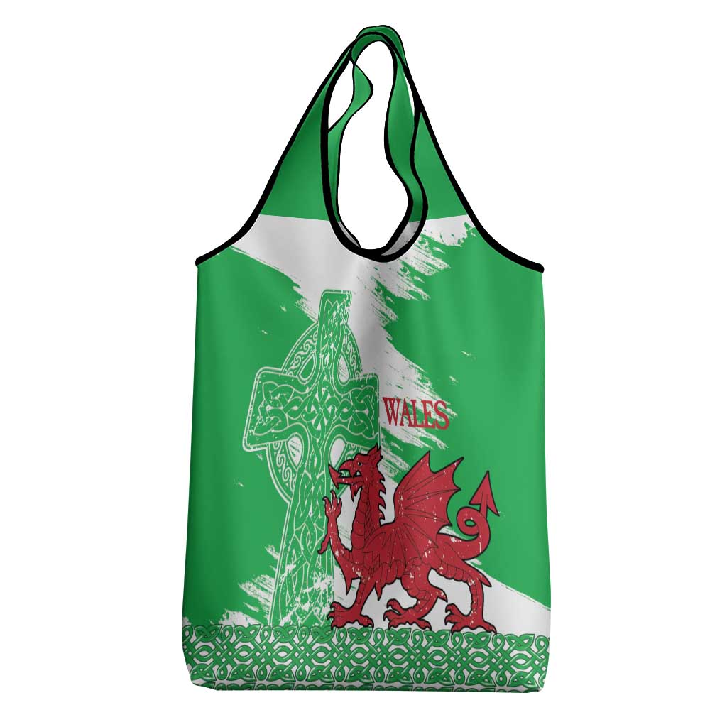 Grunge Green Wales Grocery Bag Celtic Cross Welsh Red Dragon - Wonder Print Shop