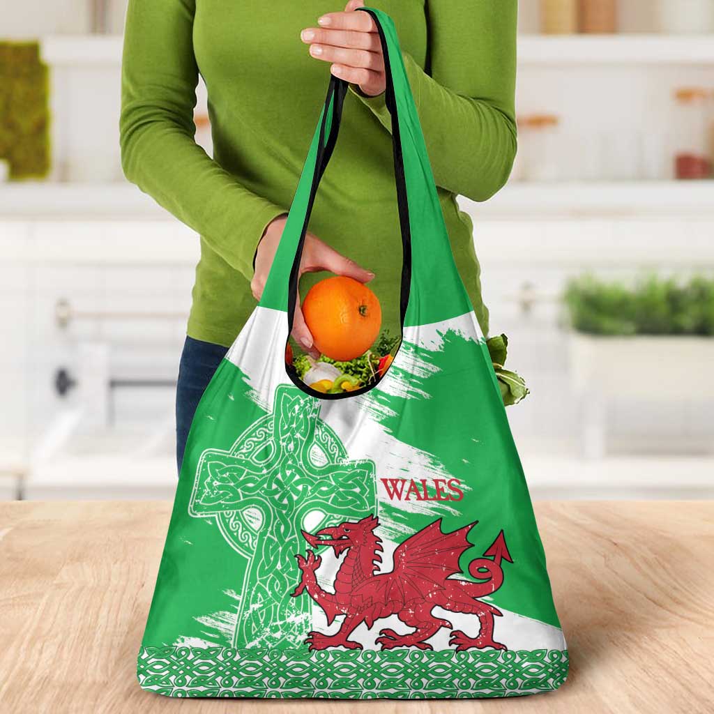 Grunge Green Wales Grocery Bag Celtic Cross Welsh Red Dragon - Wonder Print Shop